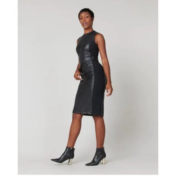 SPANX Dress Black Leather Like Combo Fitted M Delux Sheath Sleeveless 2039 - Picture 1 of 16